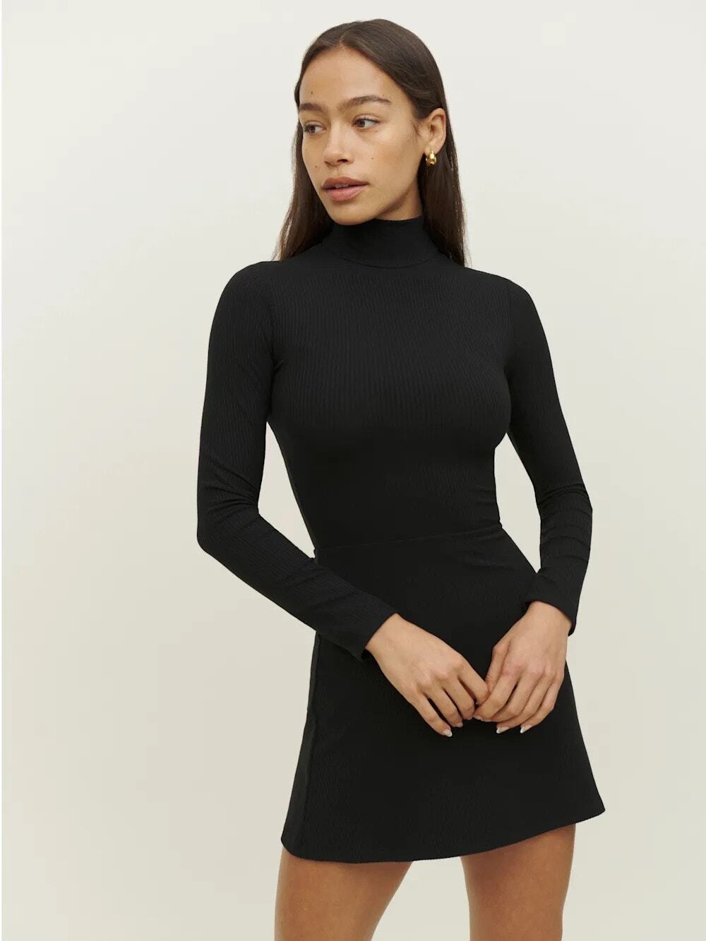 Reformation Maya Black Knit Long Sleeve Turtleneck A Line Mini Dress Size S